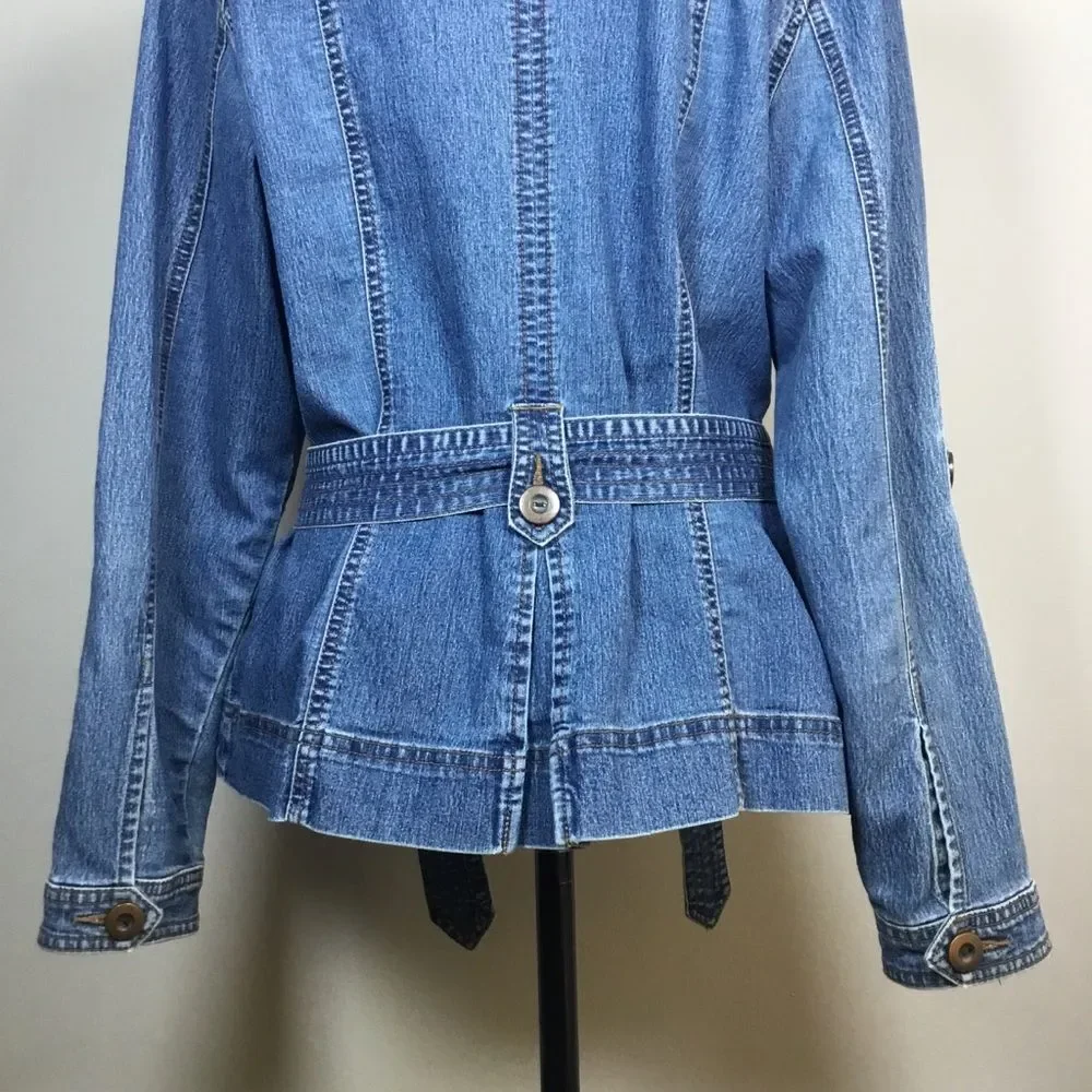 Medium blue denim jacket with belt at the waist western hippie boho size M - Picture 7 of 8